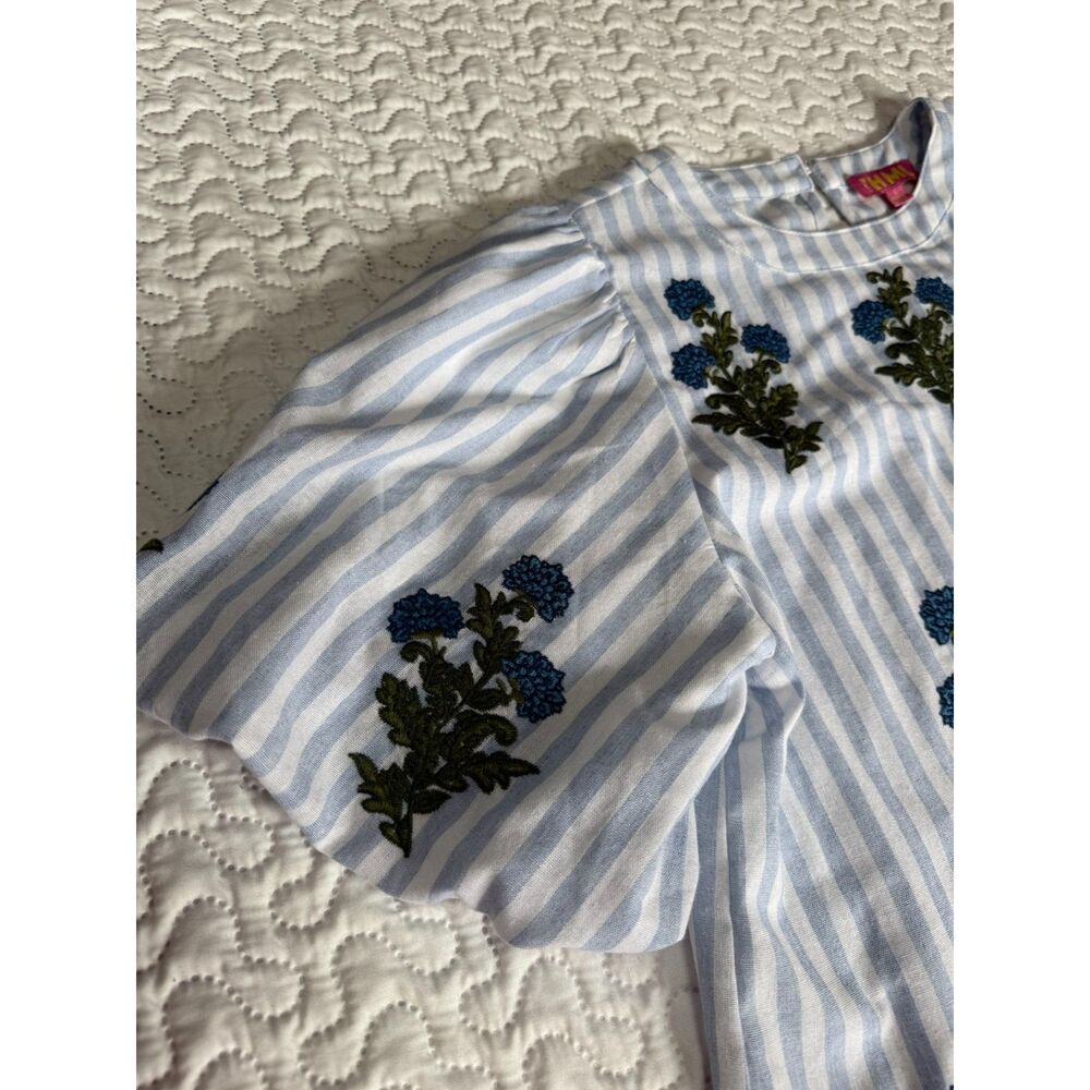 THML Blue White Striped Floral Embroidered Puff Sleeve Top Blouse Small Coastal - Picture 6 of 7